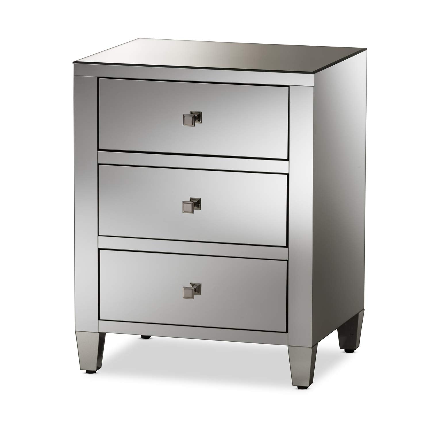 Baxton Studio Rosalind Hollywood Regency Glamour Style Mirrored 3-Drawer Nightstand Glam/Silver Mirrored/MDF